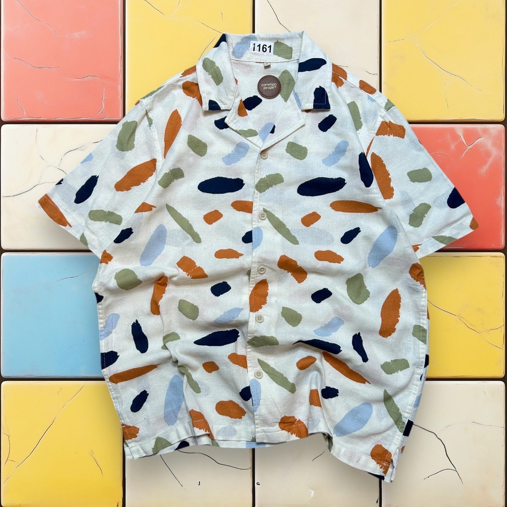 Common People Contour Camp Shirt‎  Mens S Abstract Ecru Button Up Resort Coastal